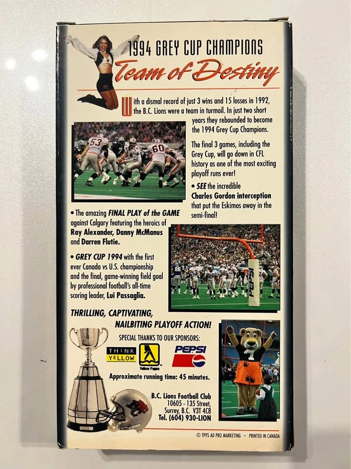 1994 Grey Cup Champions: Team of Destiny B.C. Lions VHS - photo 2