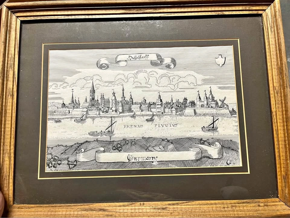 Framed Vintage Dusseldorf Germany Rhine River Print or etching