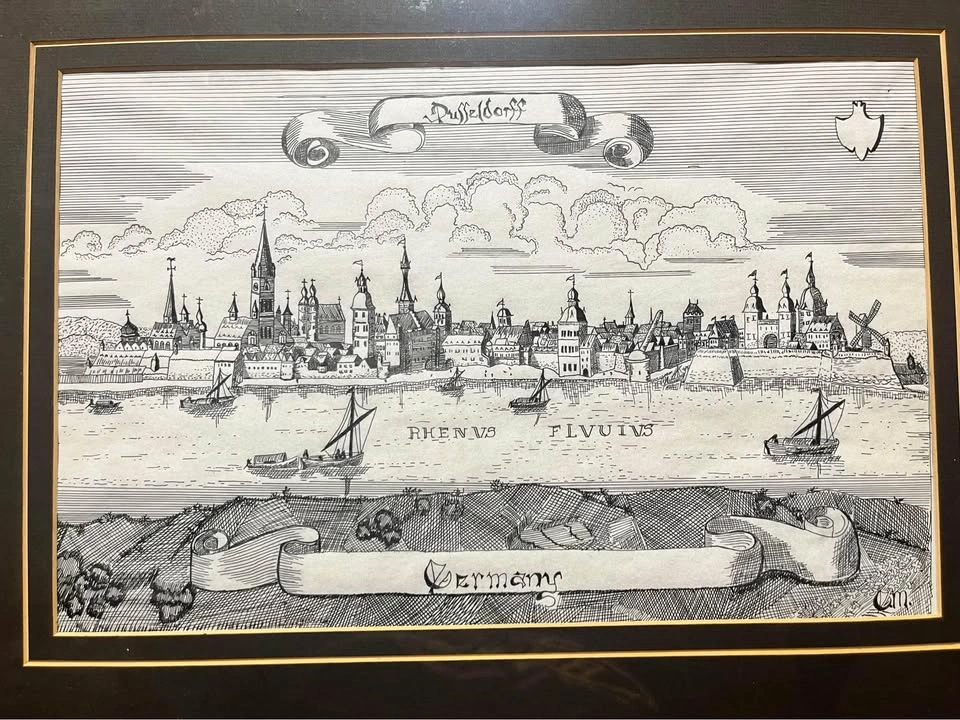 Framed Vintage Dusseldorf Germany Rhine River Print or etching - photo 2