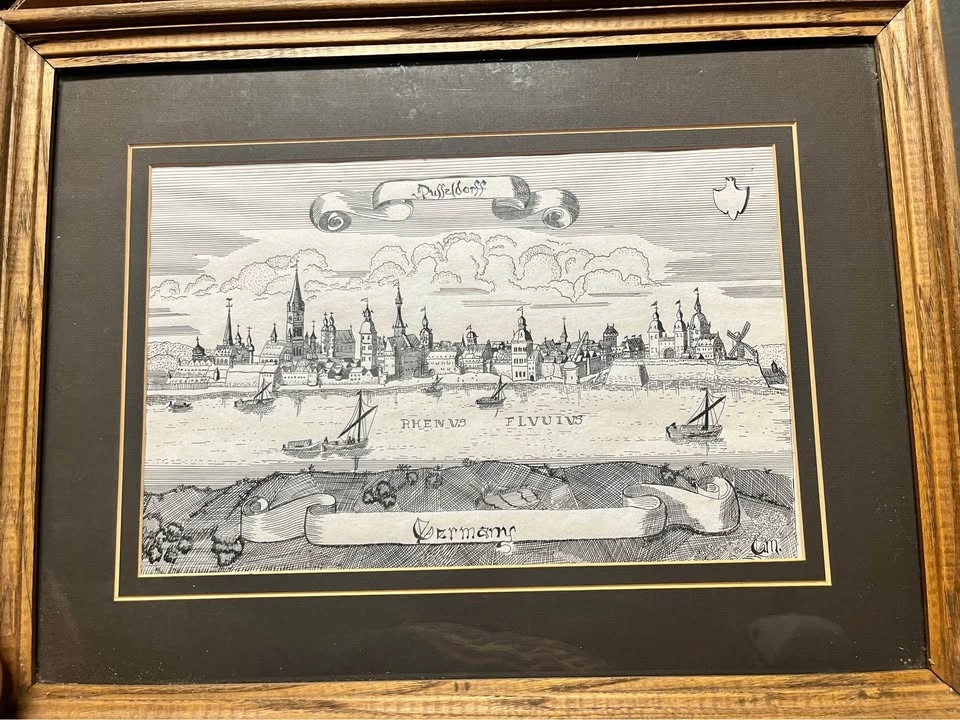 Framed Vintage Dusseldorf Germany Rhine River Print or etching - photo 3