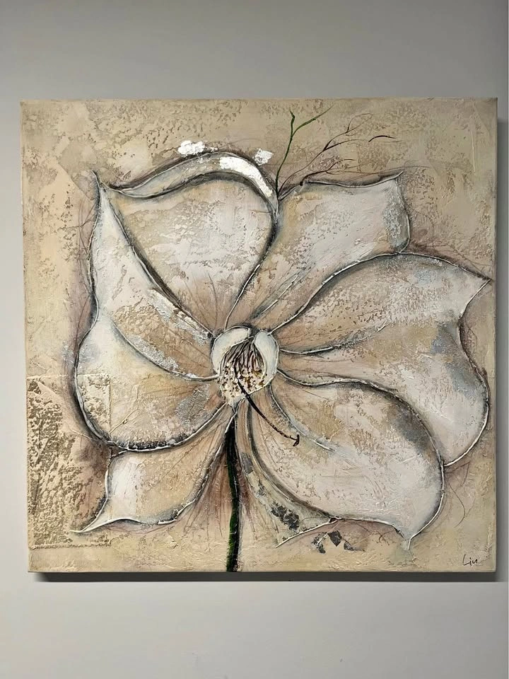 Large Textured Floral Canvas Wall Art Signed Lin 30”x30”