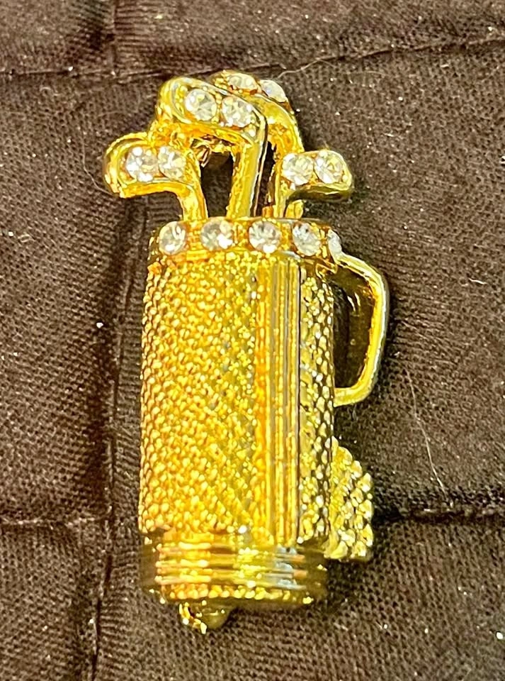 Gold-Toned Golf Bag Brooch with Rhinestones