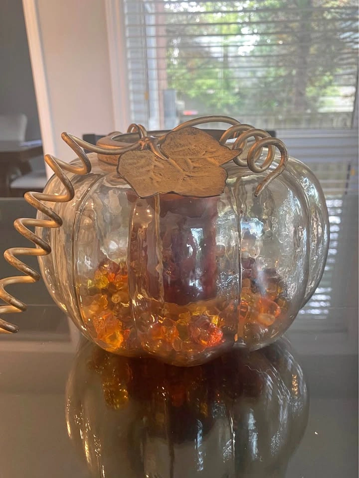 Glass Pumpkin Candle Holder/Centrepiece with Metal Vine Detail