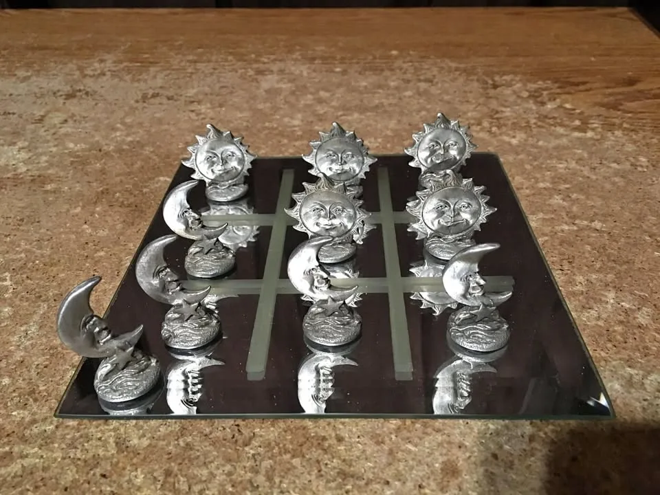 PEWTER SUN AND MOON TIC TAC TOE WITH MIRRORED BOARD GAME