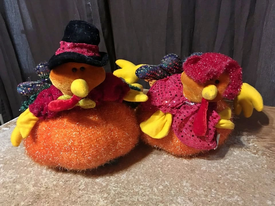 Pair of Plush Sparkly Turkey on Pumpkin Thanksgiving Pilgrims