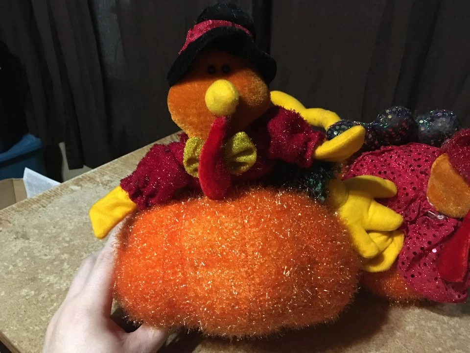 Pair of Plush Sparkly Turkey on Pumpkin Thanksgiving Pilgrims - photo 2