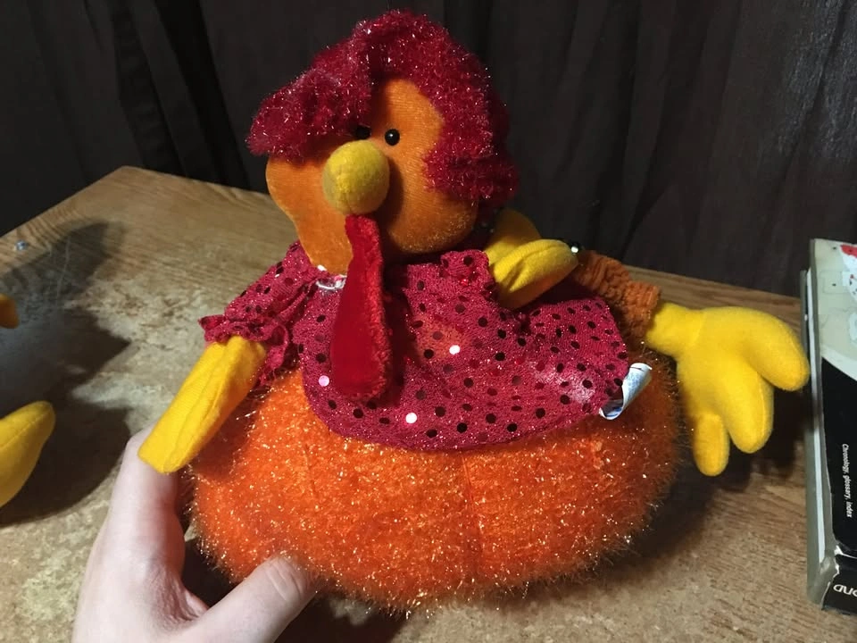Pair of Plush Sparkly Turkey on Pumpkin Thanksgiving Pilgrims - photo 5