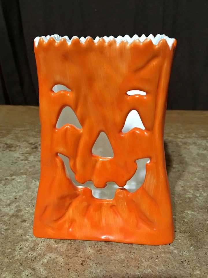 SILVESTRI HALLOWEEN CERAMIC BAG JACK-O-LANTERN CANDLE HOLDER 5.5