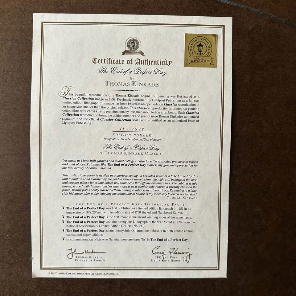 Thomas Kinkade “The End of a Perfect Day” 1997 COA - photo 3