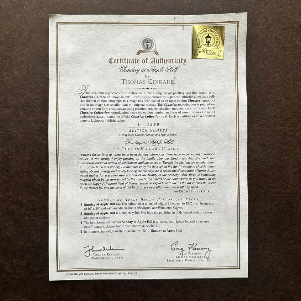 Thomas Kinkade “Sunday at Apple Hill” 1999 with COA - photo 3