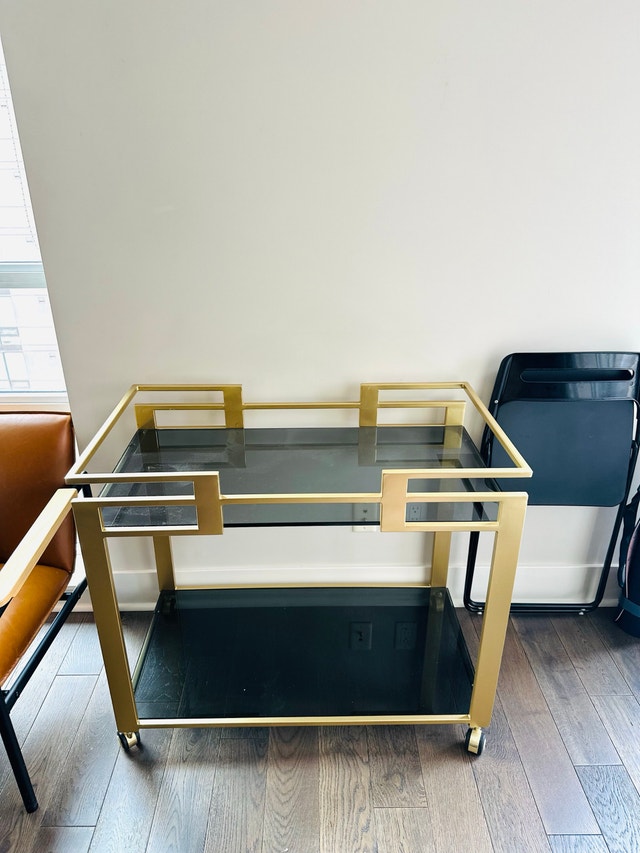 Gold Metal and Black Glass Bar Cart