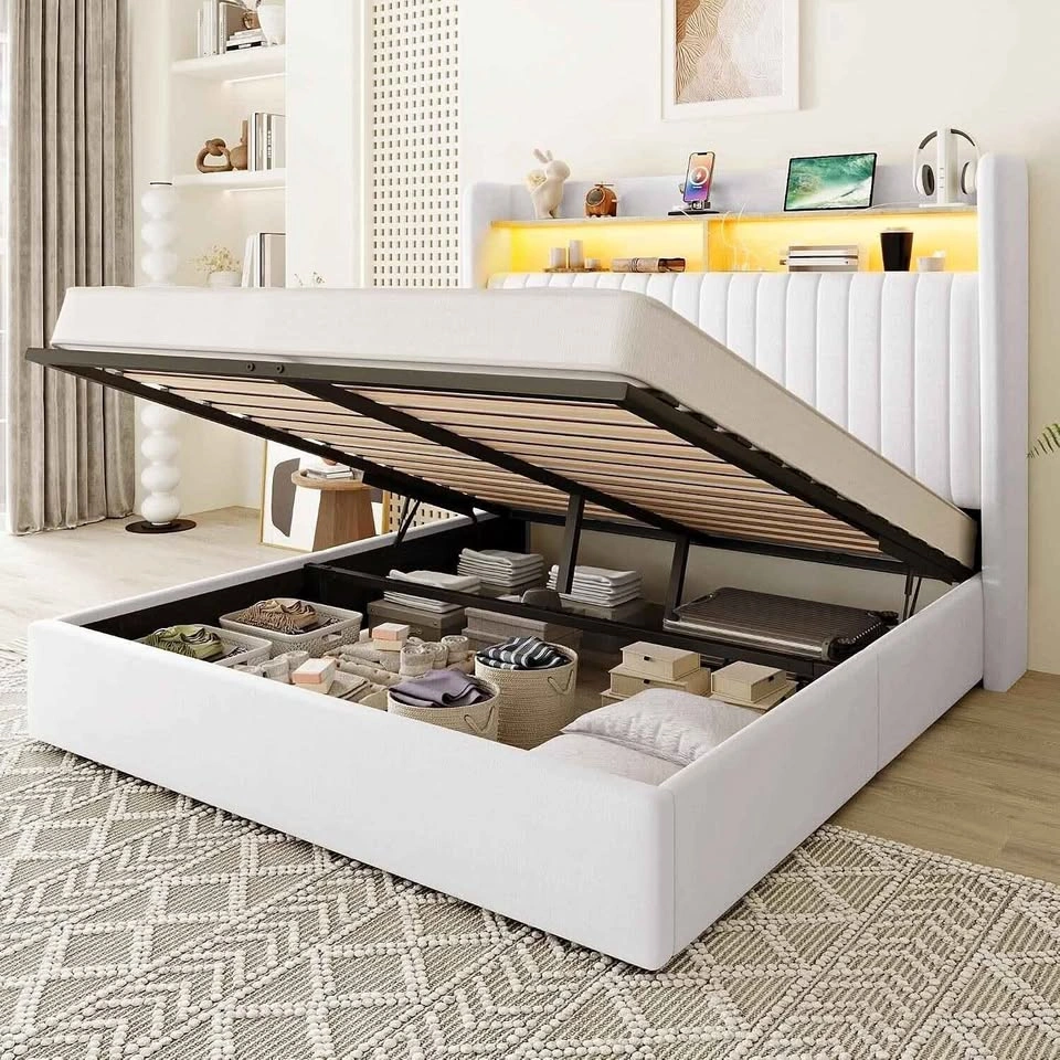 Queen Size Upholstered Storage Bed Frame with LED Headboard