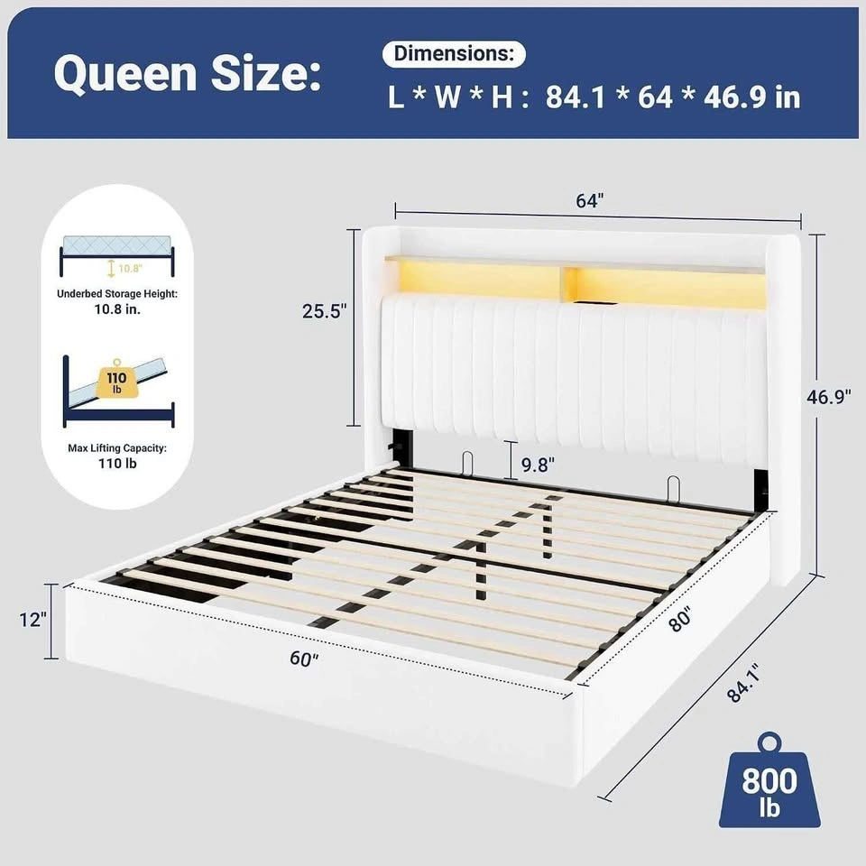 Queen Size Upholstered Storage Bed Frame with LED Headboard - photo 2