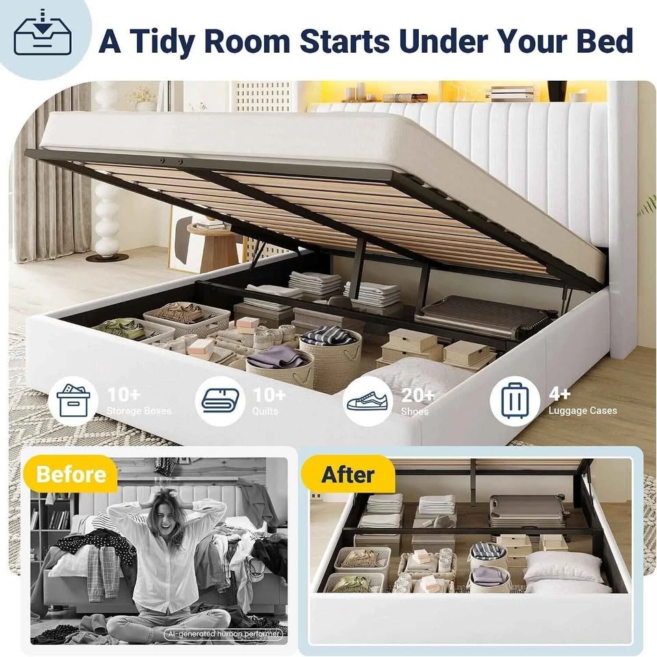 Queen Size Upholstered Storage Bed Frame with LED Headboard - photo 3