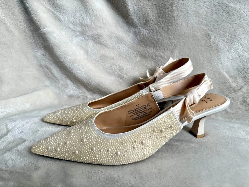 New Cream Pearl Embellished Slingback Heels
