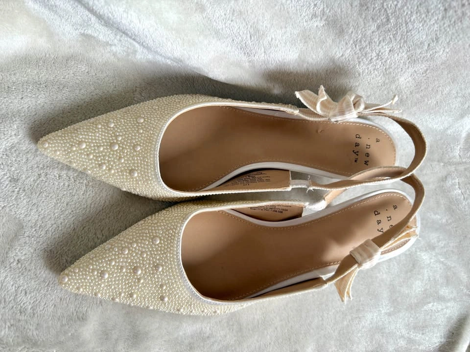 New Cream Pearl Embellished Slingback Heels - photo 2