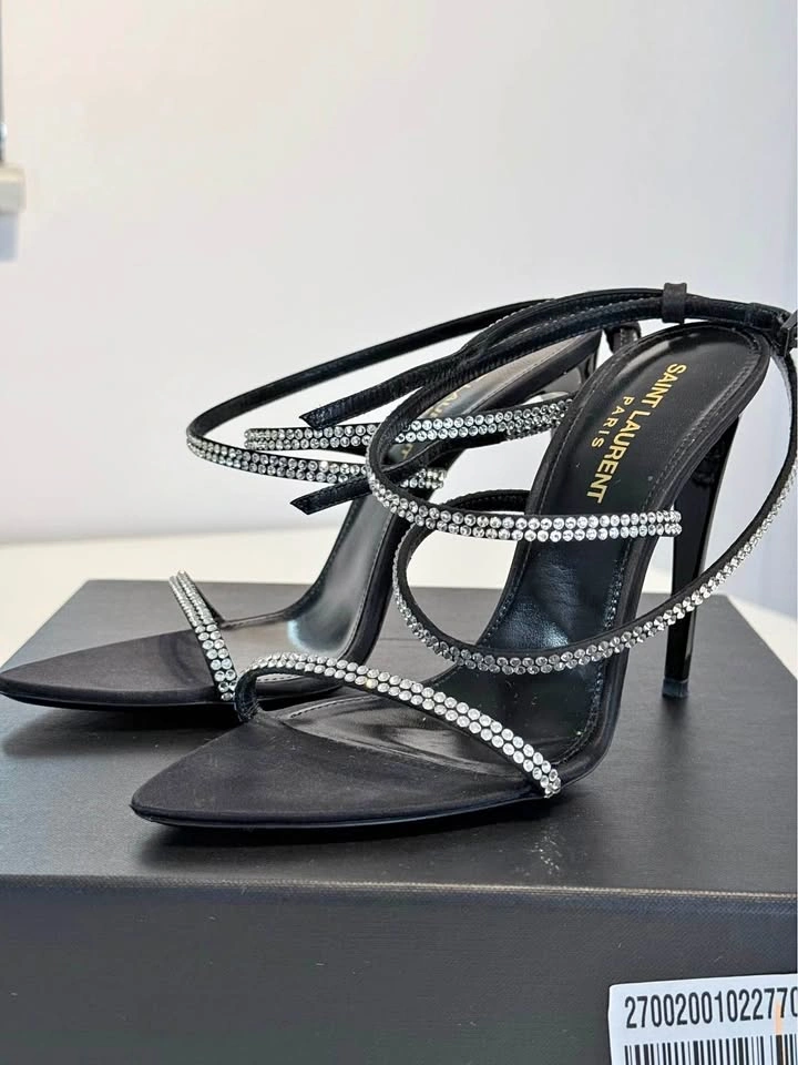 SAINT LAURENT Georgia 110 Crystal Satin Sandals 36.5 Black