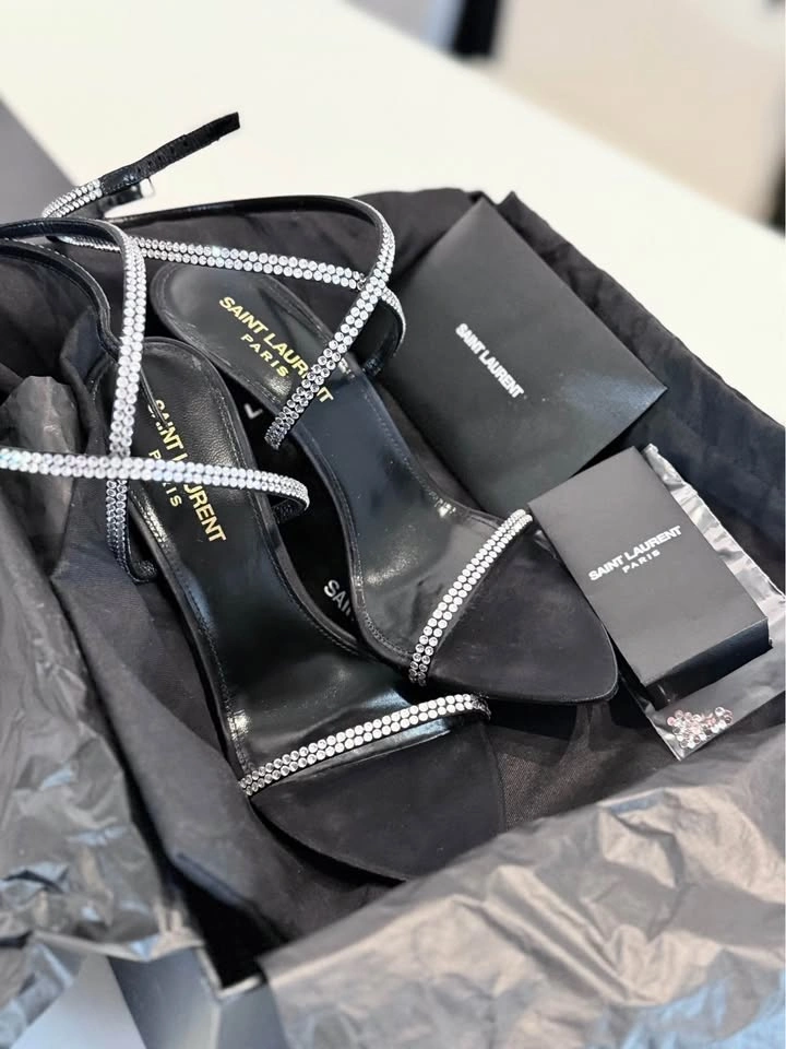 SAINT LAURENT Georgia 110 Crystal Satin Sandals 36.5 Black - photo 2