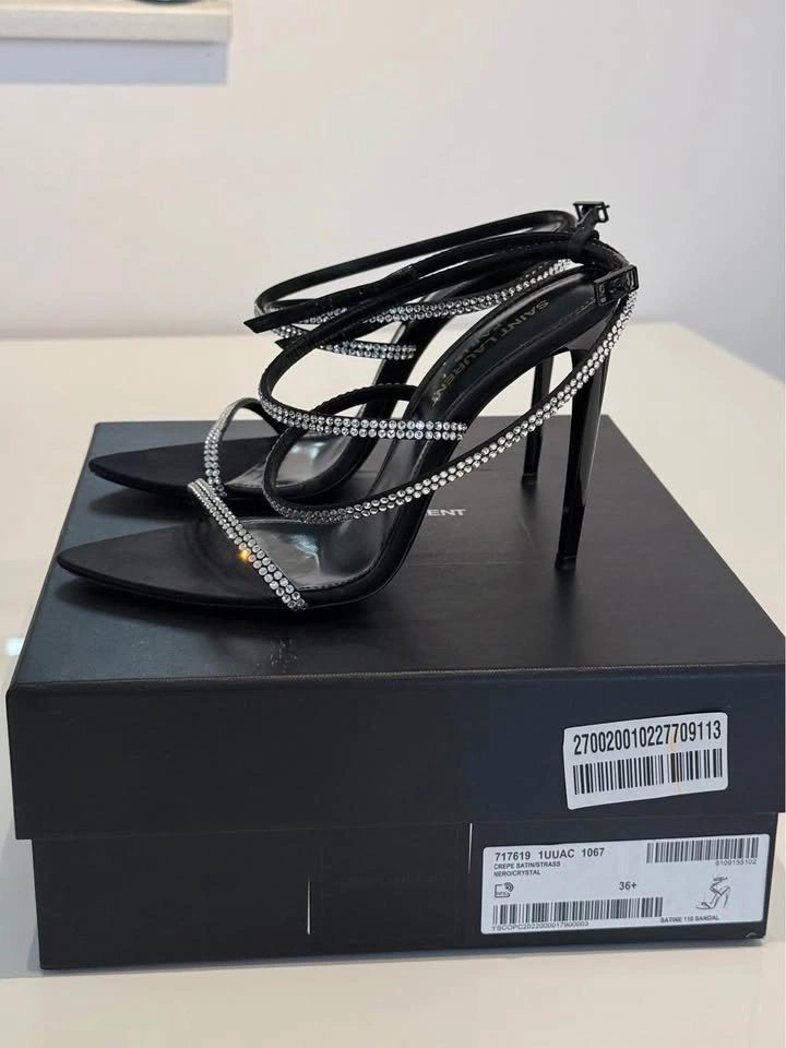 SAINT LAURENT Georgia 110 Crystal Satin Sandals 36.5 Black - photo 3