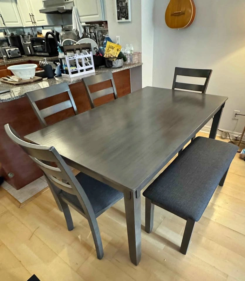 6-seater Grey Wooden Dining Table with Chairs and Bench