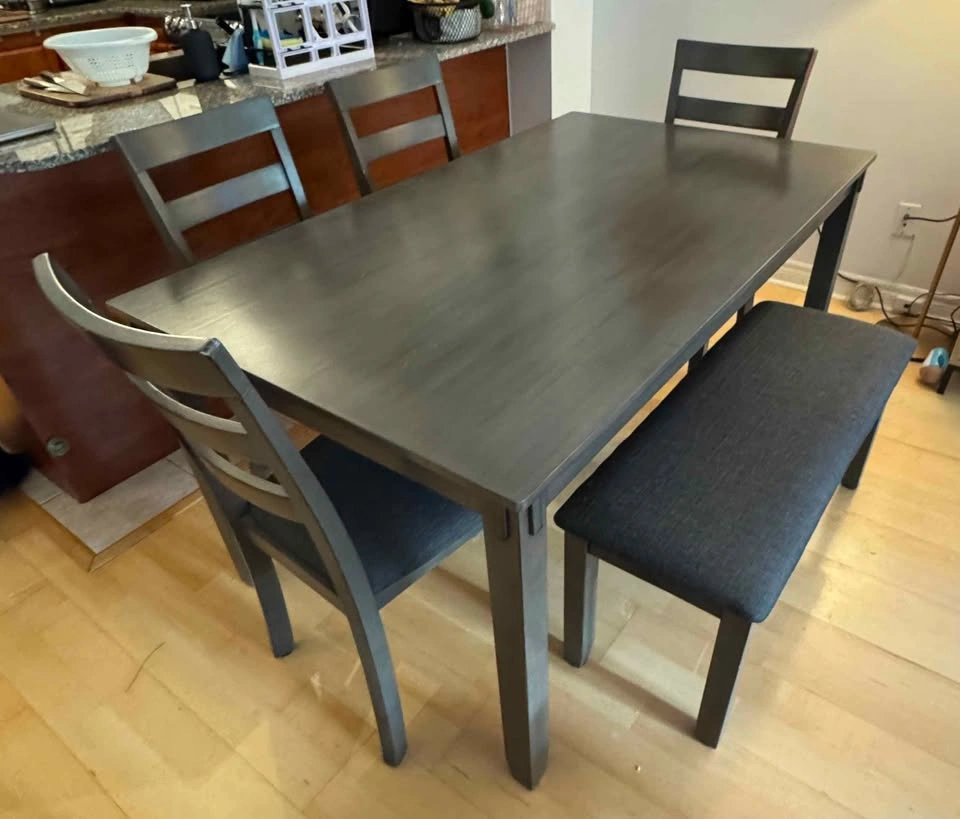 6-seater Grey Wooden Dining Table with Chairs and Bench - photo 4