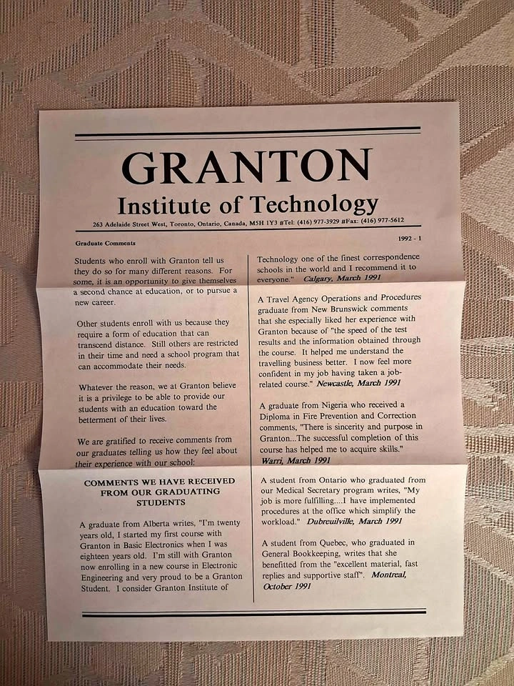 Vintage 1992 Granton Institute of Technology Toronto Ephemera