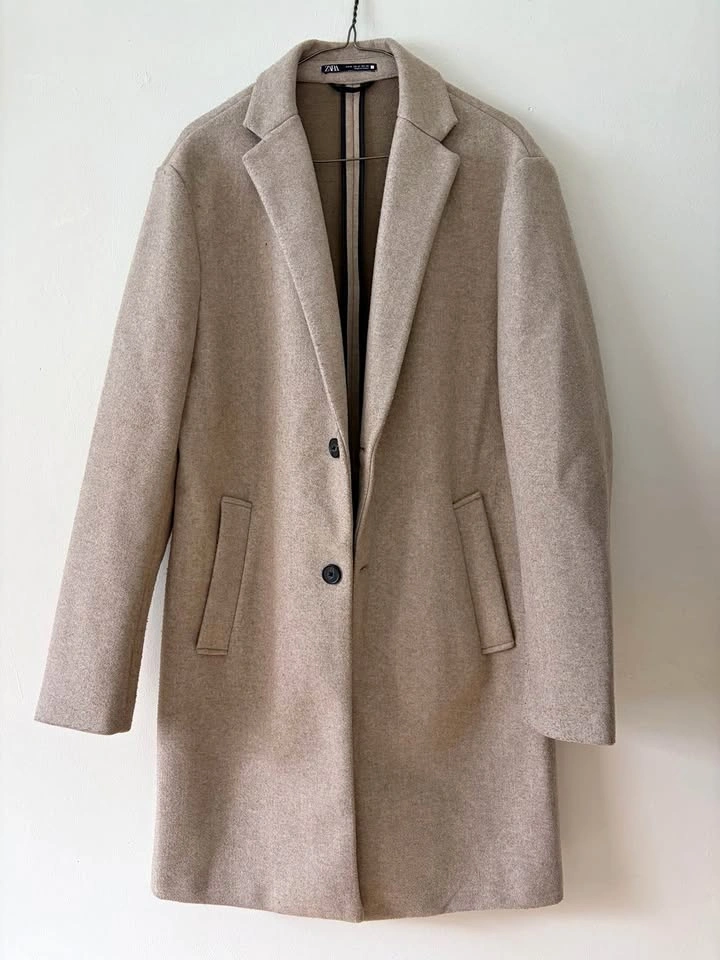 Zara Men’s Classic Wool-Blend Overcoat - Camel / Oatmeal