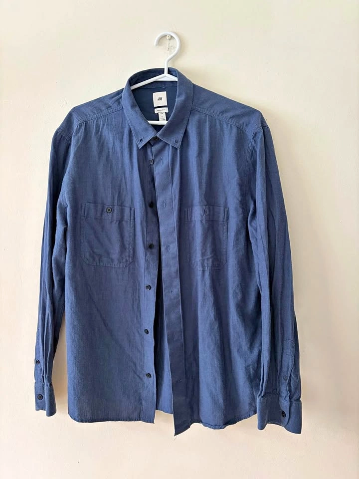 H&M Men’s Blue Button-Down Shirt - Double Chest Pockets