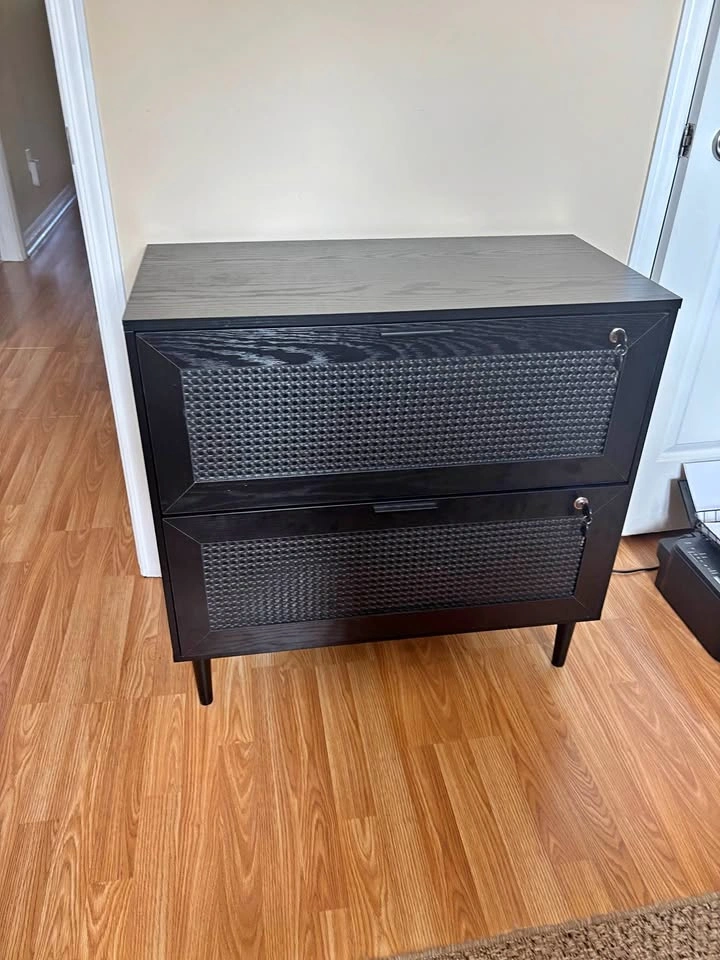 Modern Black 2-Drawer Storage Cabinet with Woven Fronts