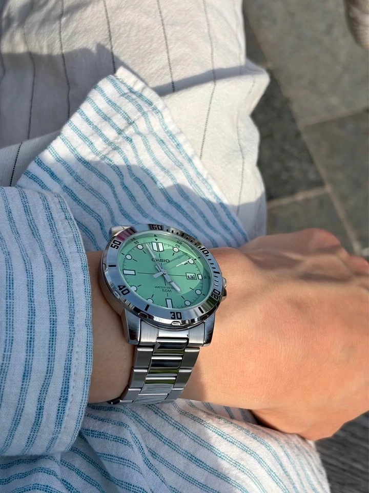 Casio Gents Watch Mint Green Dial Silver Band