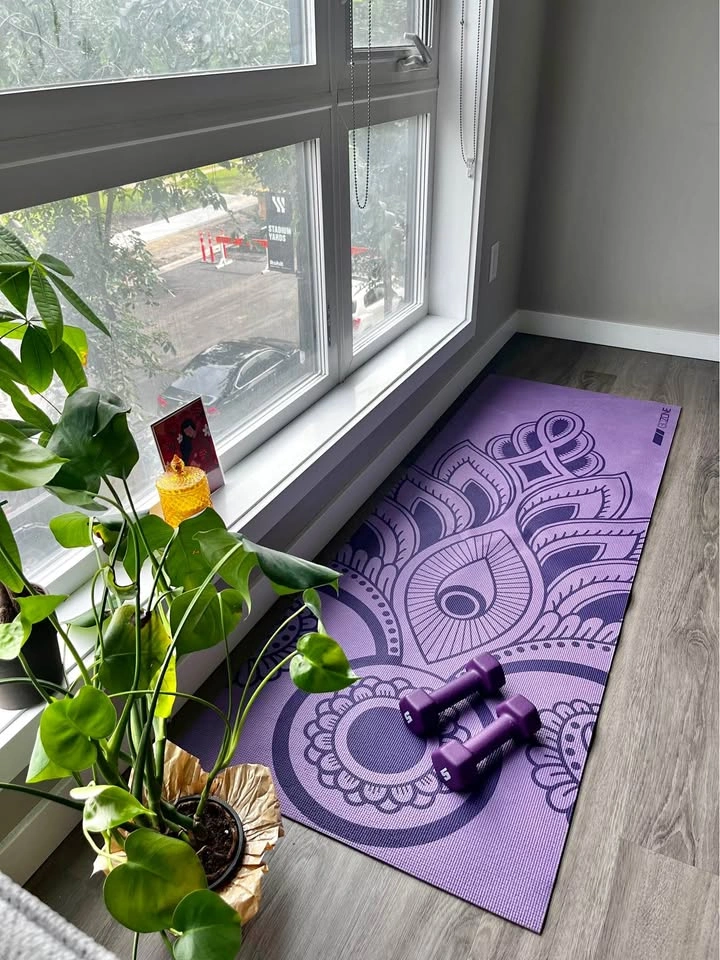 Mandala Yoga Mat, 5lb Dumbbells, Money Tree, and Monstera