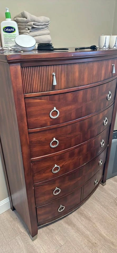 Bow-Front Dark Wood Tall Chest of Drawers