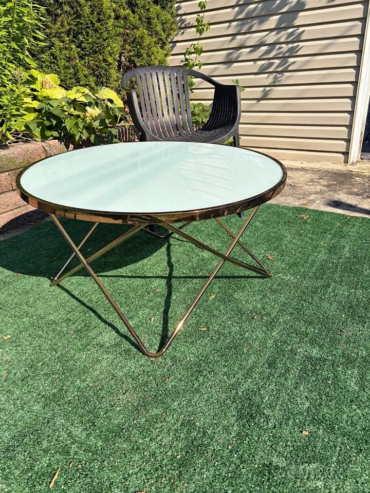 Round White Glass Coffee Table with Rose Gold Base