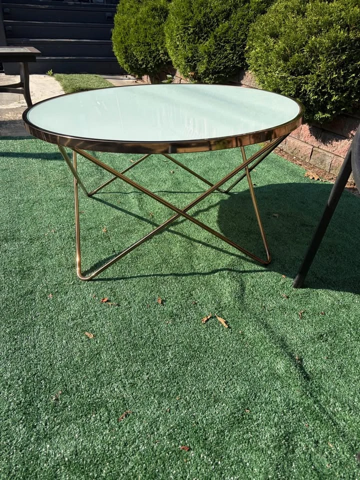 Round White Glass Coffee Table with Rose Gold Base - photo 2