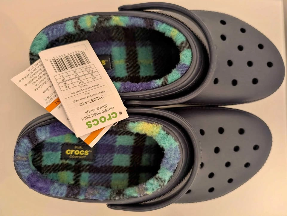 Brand new Crocs Classic Lined Bold Check Clogs in navy
