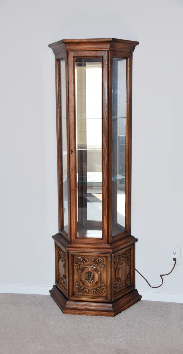 Vintage Lighted Oak Curio Cabinet - All Glass Intact
