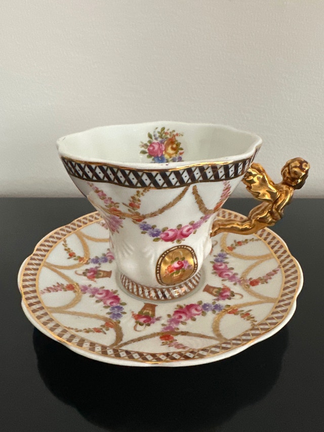 Rare Sovereign Fine China Gold Angel Handle Teacup and Saucer