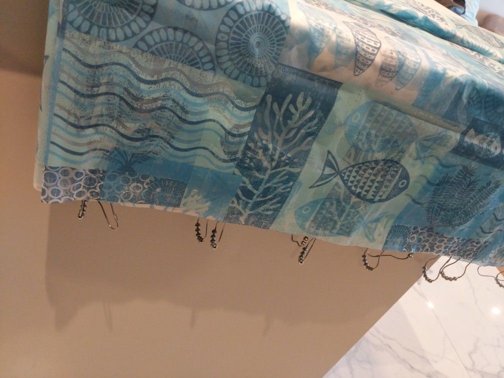 Large Blue Fish Print Shower Curtain with Hooks