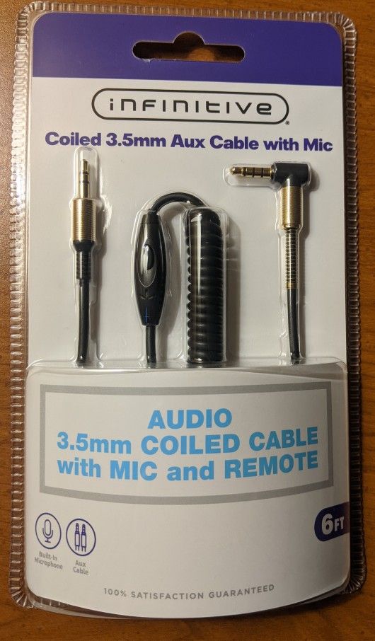 Coiled 3.5 Mm Aux Cable With Mic And Remote New
