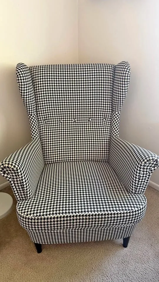 STRANDMON Wing chair, Vibberbo black/beige