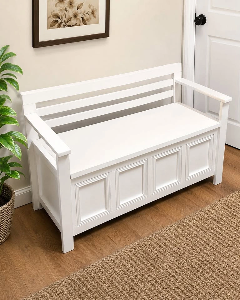White Wooden Entryway Bench with Cushion – Cosmetic Wear
