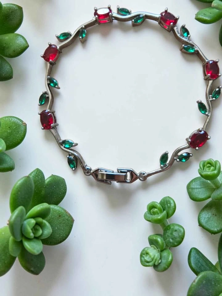 Gold Plated Red Green Gemstone Vine Bracelet 8in