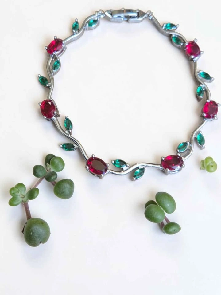 Gold Plated Red Green Gemstone Vine Bracelet 8in - photo 2