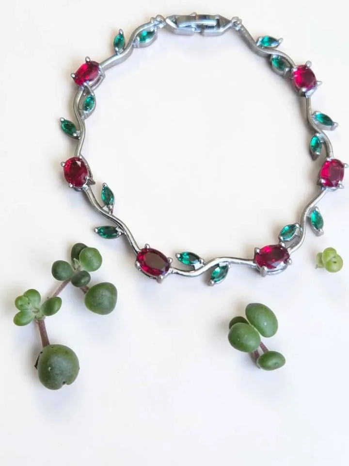 Gold Plated Red Green Gemstone Vine Bracelet 8in - photo 2