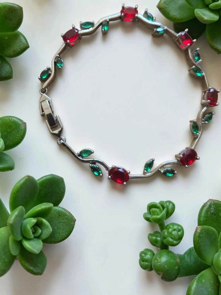 Gold Plated Red Green Gemstone Vine Bracelet 8in - photo 3