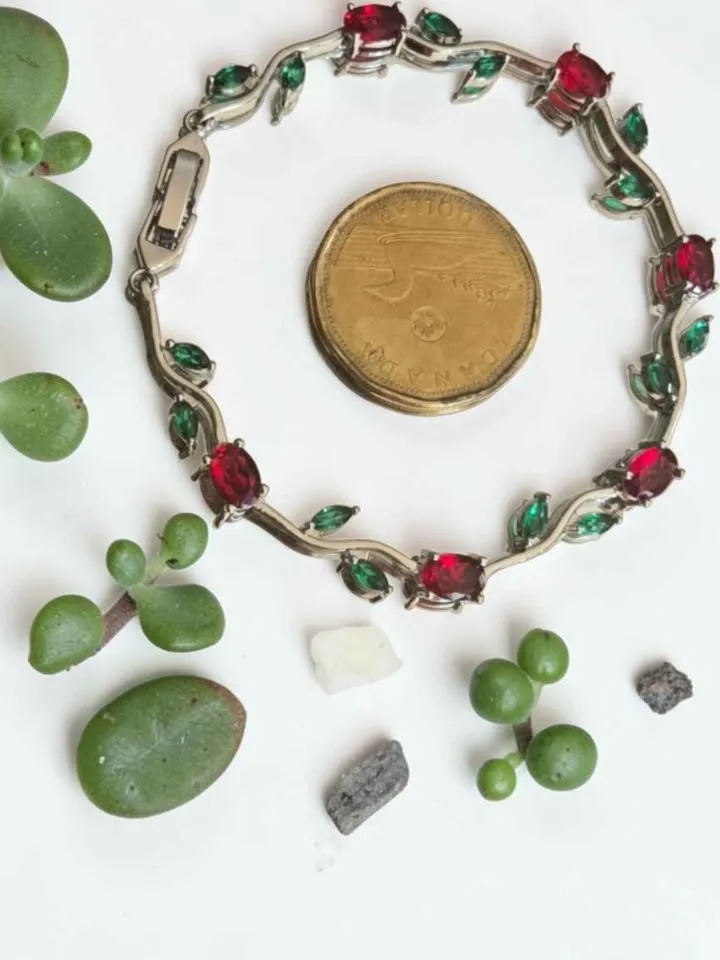 Gold Plated Red Green Gemstone Vine Bracelet 8in - photo 4