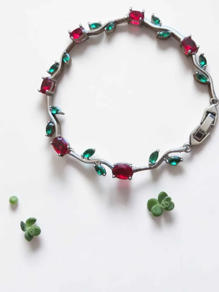 Gold Plated Red Green Gemstone Vine Bracelet 8in - photo 5