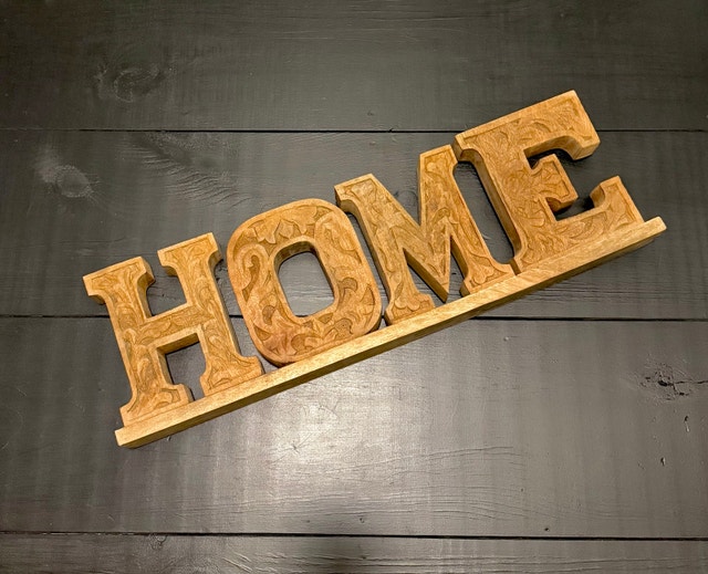 Large 24" Hand-Carved Wooden Scandinavian "HOME" Sign Decor