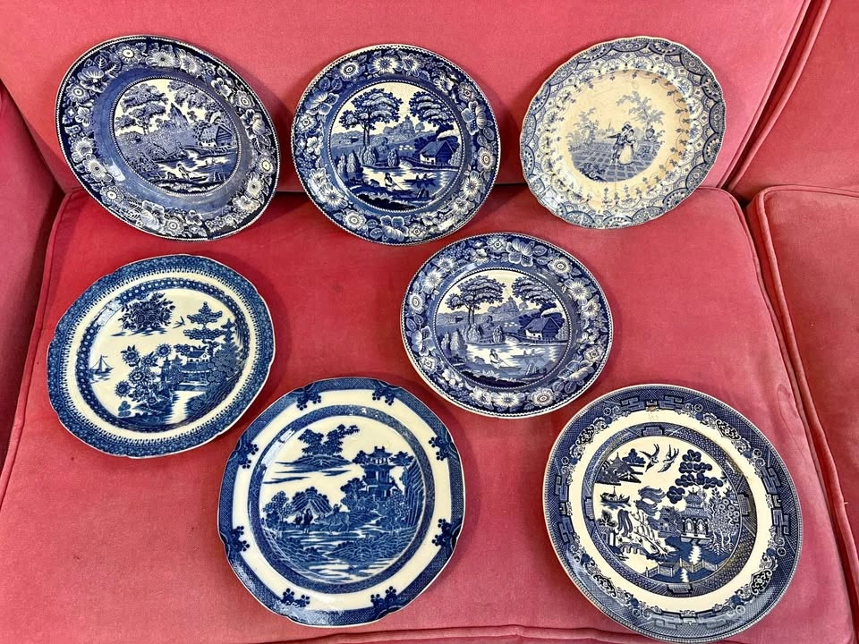 Antique Blue & White Transferware Plates — 7 Available