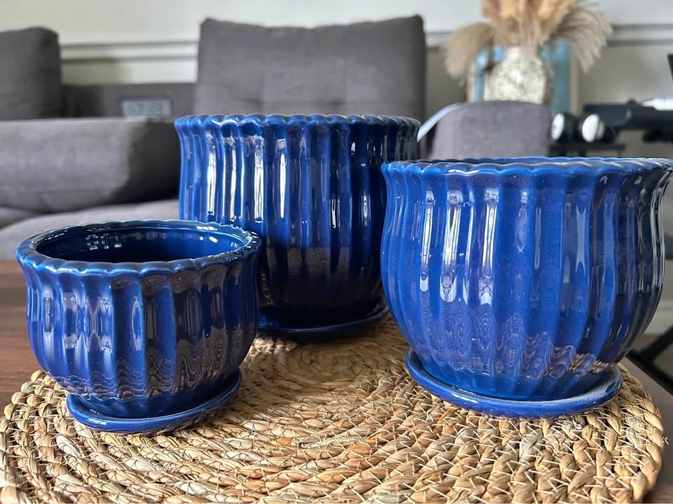 Set of 3 Cobalt Blue Ceramic Planters with Saucers